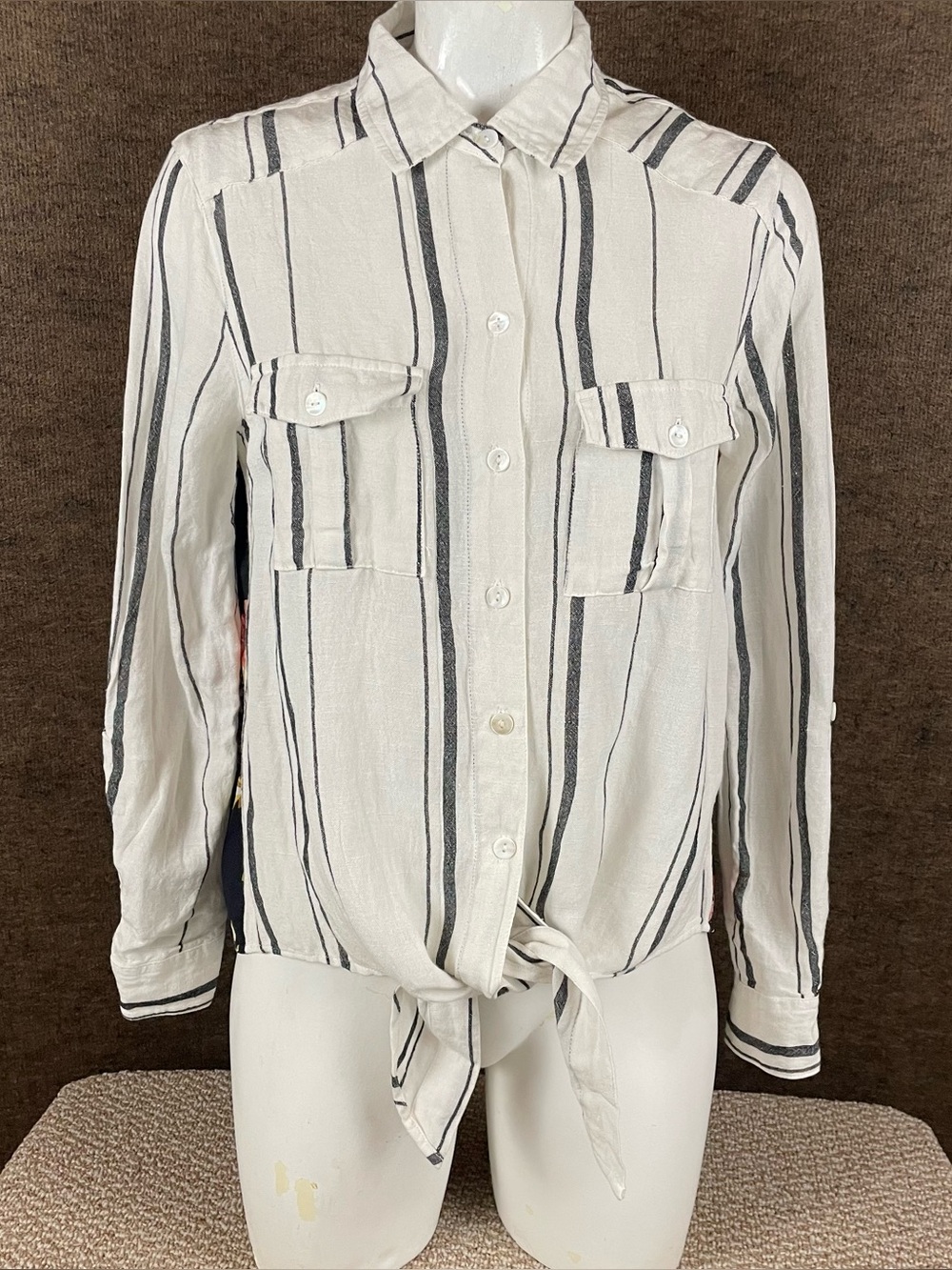 John Mark Button Down Shirt Womens Small Tie Front Floral Linen Roll Sleeve C29
